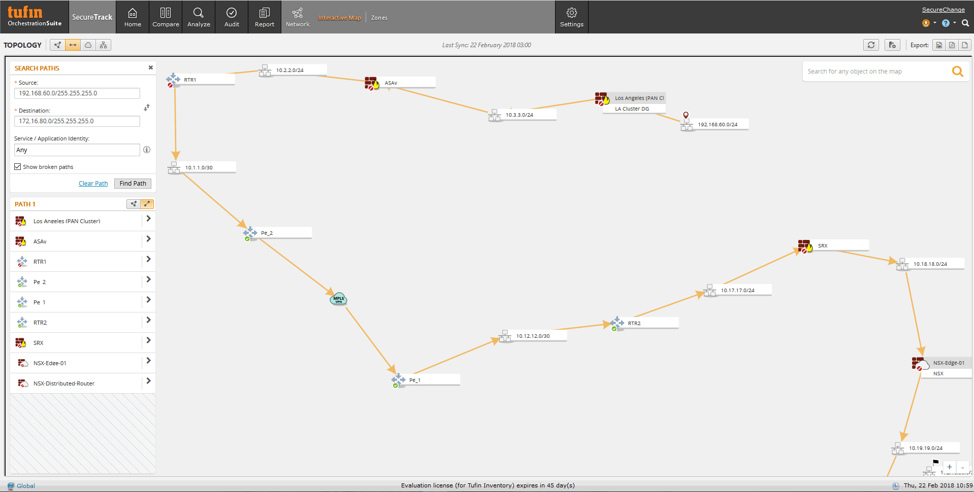 Tufin’s interactive topology map enables running path analysis across vendors to troubleshoot connectivity