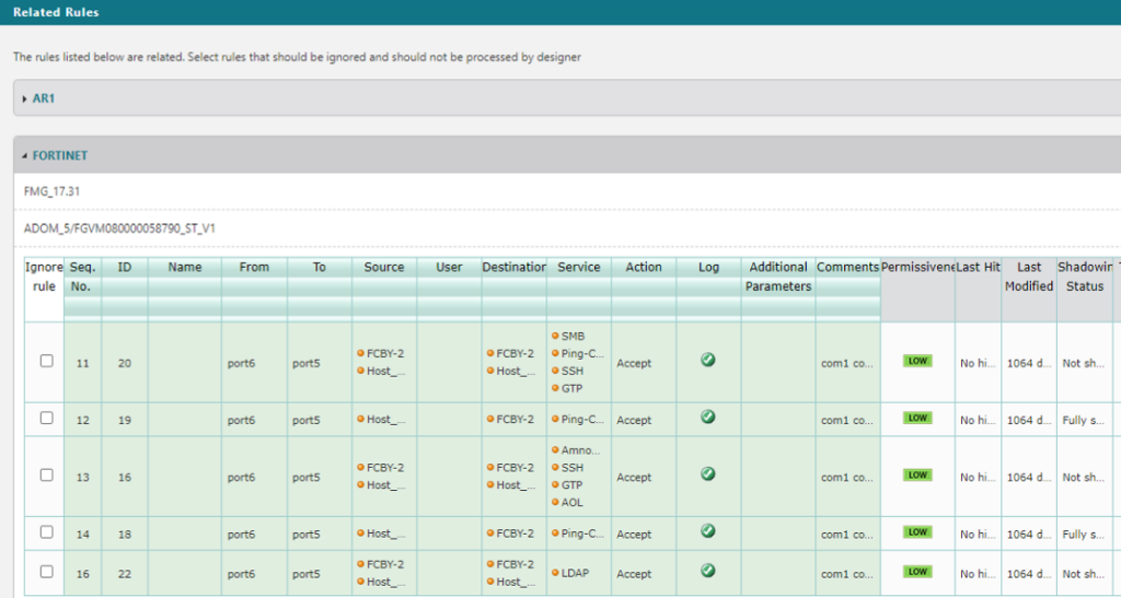 ’Manage related Rules’ view with highlighted network traffic