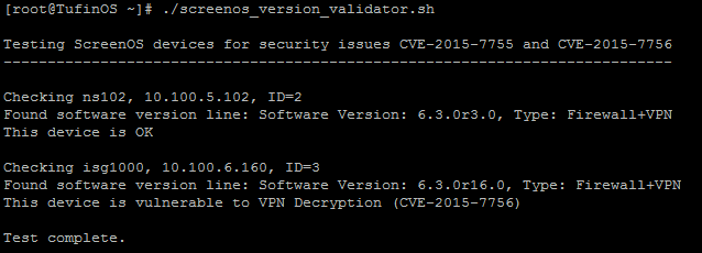 tufin script checking NetScreen devices for vulnerability