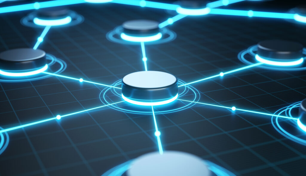 Abstract visualization of microsegmentation with connected network nodes controlling traffic between workloads.