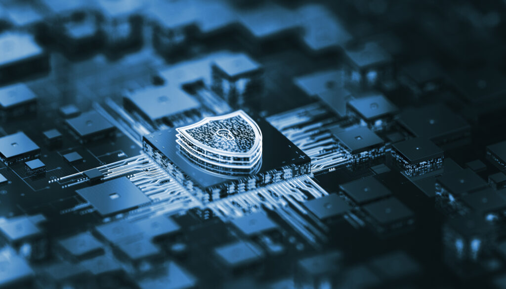 Digital shield on a microchip symbolizing microsegmentation and firewall protection in a Zero Trust architecture.