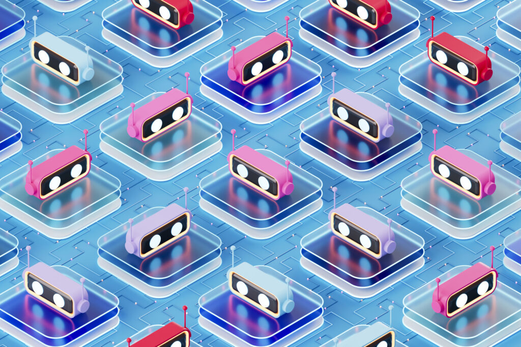 Repeating pattern of colorful 3D AI robot icons on glowing circuit tiles